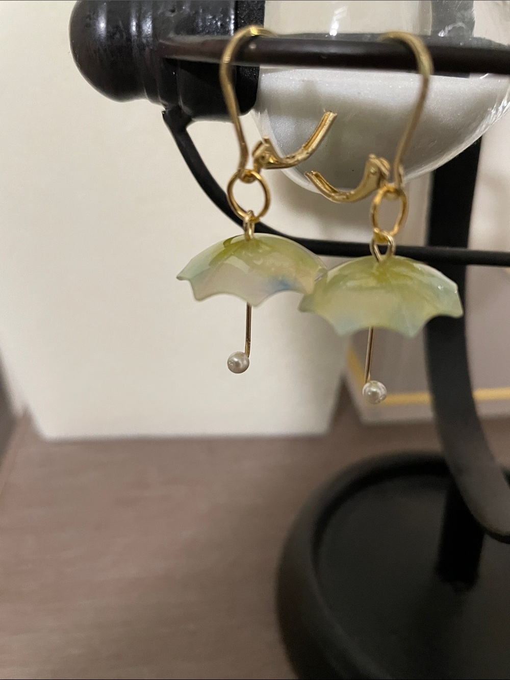 Artisan Gold Umbrella Drop Earrings with Green and Cream Accents